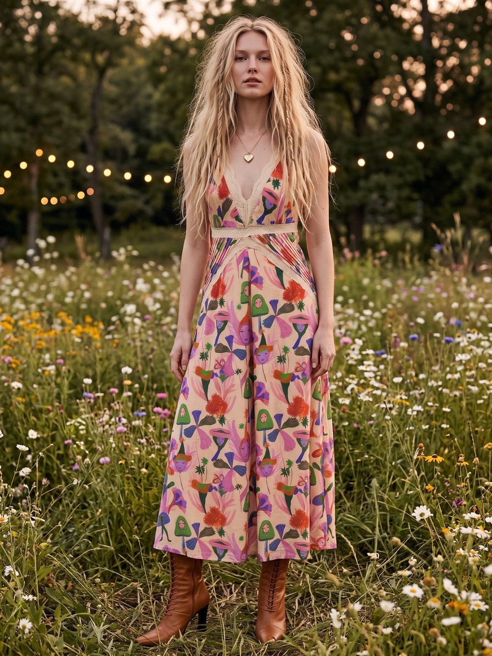 FARM Rio Bohemian Sand Fairies Silky Midi Slip Dress Large Whimsical Artsy
